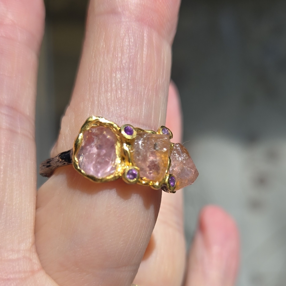 HOST PICK🎉Pink Tourmaline & Amethyst Gemstone Sterling Rhodium&Gold Ring Sz7.25 - Picture 6 of 9